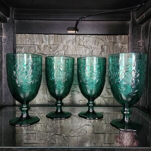 SET OF FOUR Princess House Fantasia Emerald Green Iced Tea Footed Goblets